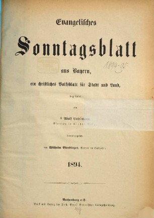 Evangelisches Sonntagsblatt aus Bayern. 1894