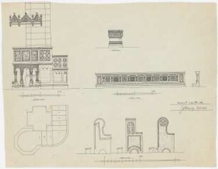 Dreifaltigkeitskirche (mit Pfarrhaus), Dortmund: Kanzel, Taufstein, Kommunionsbank 1:20 und Kirchenbänke 1:10