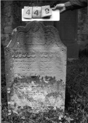 Grabstein 449 (Index: 100107987) Material: gelb-grauer Sandstein Zustand: stark verwittert, weitgehender Textverlust Maße HxBxT: 96x61x10 cm Beschreibung: Stele, geschwungen eingezogener flacher Kleeblattbogenabschluß, Schriftfeld rechteckig eingetieft Symbolik: Rosette, Muschelfries: Grabstein 449