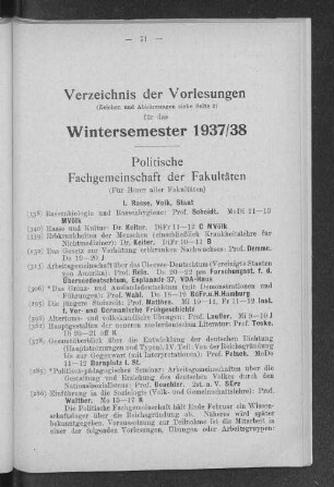 Verzeichnis der Vorlesungen Wintersemester 1937/38