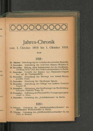 Jahres-Chronik vom 1. Oktober 1918 bis 1. Oktober 1919.