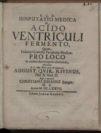 Disputatio Medica De Acido Ventriculi Fermento