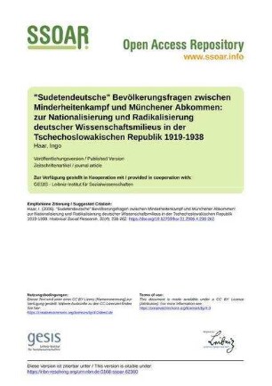 "Sudetendeutsche" Bevölkerungsfragen zwischen Minderheitenkampf und Münchener Abkommen: zur Nationalisierung und Radikalisierung deutscher Wissenschaftsmilieus in der Tschechoslowakischen Republik 1919-1938