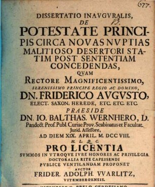 Dissertatio Inavgvralis, De Potestate Principis Circa Novas Nvptias Malitioso Desertori Statim Post Sententiam Concedendas