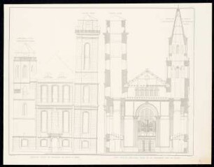 Evangelische Johanneskirche, Zittau: Turmfassade, Profil durch die Türme (aus: Sammlung Architektonischer Entwürfe, Berlin 1858)
