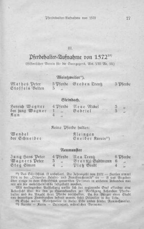 III. Pferdehalter-Aufnahme von 1572.