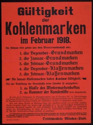 "Gültigkeit der Kohlemarken im Februar 1918" in München, folgt: Klassifizierung der gültigen Marken