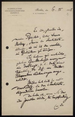 Nr. 9: Brief von Alexander Conze an Ulrich von Wilamowitz-Moellendorff, Berlin, 6.3.1905