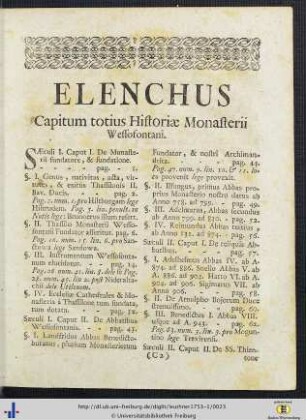 Elenchus Capitum totius Historiae Monasterii Wessofontani.