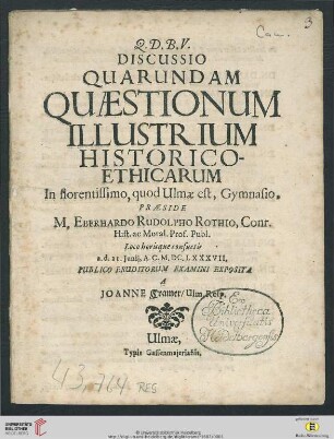 Discussio Quarundam Quaestionum Illustrium Historico-Ethicarum