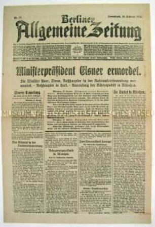 Tageszeitung "Berliner Allgemeine Zeitung" zur Ermordung von Kurt Eisner