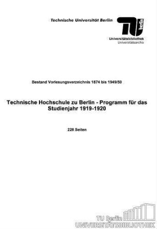 Programm für das Studienjahr 1919-1920