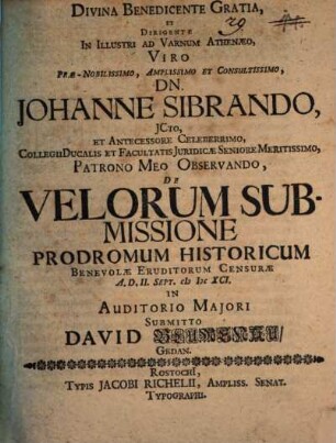 De velorum submissione prodromus hist.