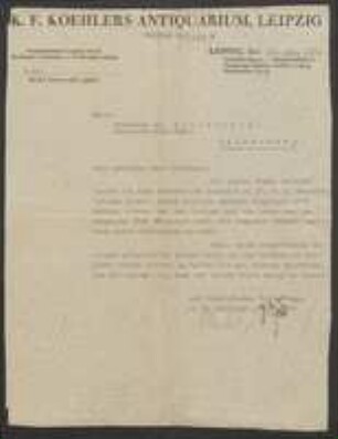 Brief von K. F. Koehler (Leipzig) an Sebastian Killermann