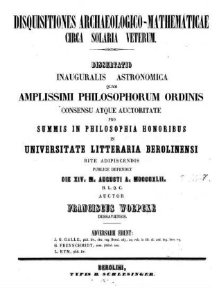 Disquisitiones archaeologico-mathematicae circa solaria veterum ;; Diss. inaug.