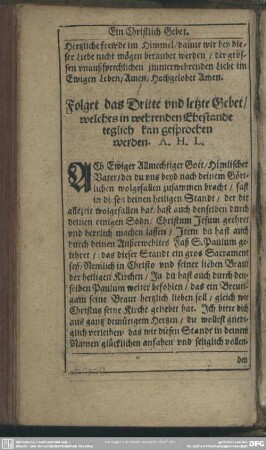 Folget das Dritte und letzte Gebet, welches in wehrenden Ehestande teglich kan gesprochen werden