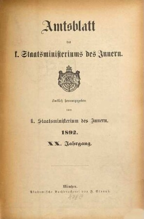 Amtsblatt des Königlichen Staatsministeriums des Innern. 20. 1892