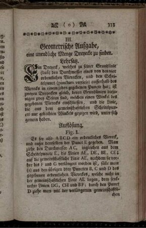 III. Geometrische Aufgabe eine unendliche Menge Dreyecke zu finden.