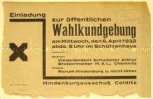 Einladung des Hindenburgausschusses Colditz zur Wahlkundgebung mit Rede zum Thema "Warum Hindenburg u. nicht Hitler"