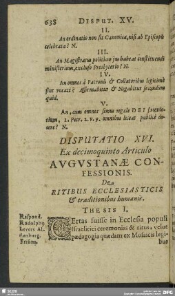 Disputatio XVI. Ex decimoquinto Articulo Augustanae Confessionis. De Ritibus Ecclesiasticis & traditionibus humanis