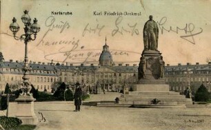 Postkartenalbum mit Motiven von Karlsruhe. "Karlsruhe. Karl-Friedrich-Denkmal". Schloss mit Schlossplatz und Denkmal für Großherzog Karl Friedrich