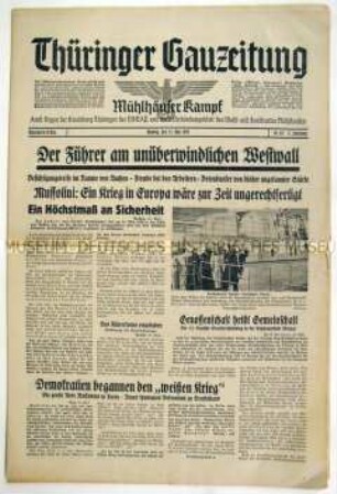 Regionale Tageszeitung der NSDAP "Thüringer Gauzeitung" u.a. zu einem Besuch Hitlers am "Westwall"
