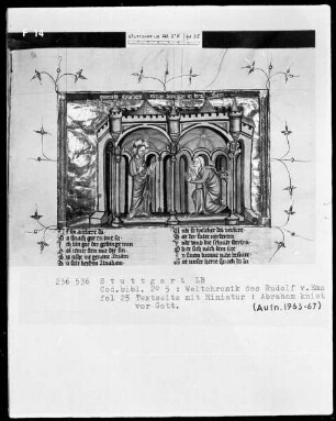 Weltchronik des Rudolf von Ems — Abraham kniet vor Gott, Folio 25recto