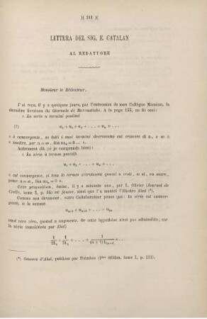 Lettera del sig. E. Catalan al redattore.