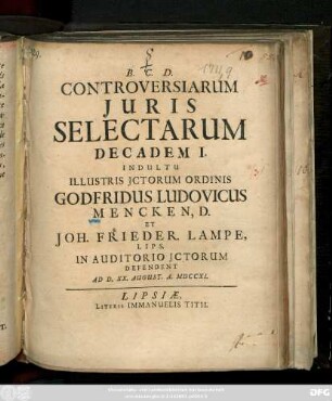 Controversarium Juris Selectarum Decadem I.