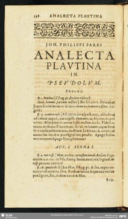Joh. Philippi Parei Analecta Plautina In Pseudolum