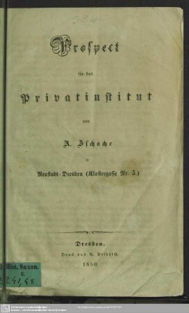 Prospect für das Privatinstitut von A. Zschoche in Neustadt-Dresden (Klostergasse Nr. 5)
