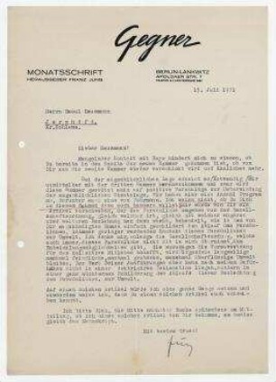 Brief von Franz Jung an Raoul Hausmann. Berlin