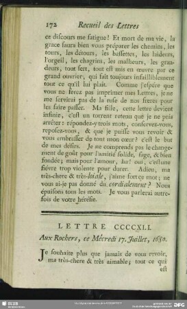Lettre CCCCXLI. Aux Rochers, ce Mécredi 17. Juillet, 1680