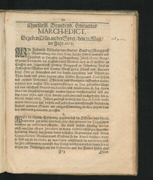 Churfürstl. Brandenb. Erneuertes March-Edict. Gegeben Cölln an der Spree/ den 22. Maii/ im Jahr 1678.