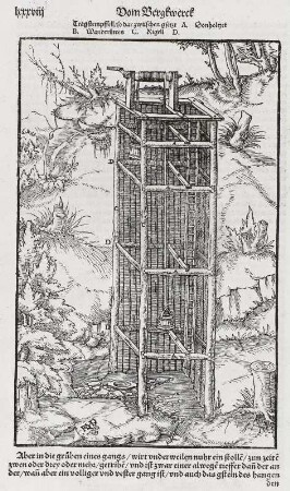 Ausbau eines tiefen, saigeren Schachtes. Legende: A Die Tragstempel B Die Trumhölzer C Wandruten D Einstriche : Ausbau eines tiefen, saigeren Schachtes. Legende: A Die Tragstempel B Die Trumhölzer C Wandruten D Einstriche. Repro aus: Agricola, Georgius: De re metallica liber quintus, Seite 84, Basel 1556