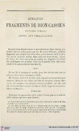 N.S. 19.1869: Quelques fragments de Dion Cassius : présumés inédits; appel aux philogues