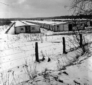 Heinrichshof, Gut: stillgelegte Schweinemastanlage: Blick auf die ehemaligen Schweinställe: vorn Böschung mit Stacheldrahtzaun und Sträucher: Winter