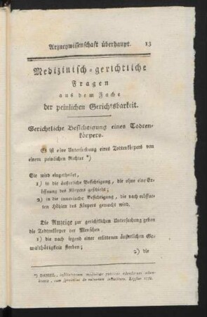 Medizinisch-gerichtliche Fragen aus dem Fache der peinlichen Gerichtsbarkeit.