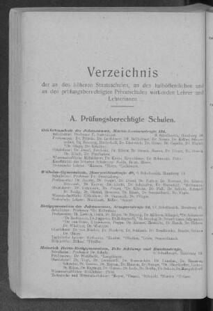 Verzeichnis der an den höheren Staatsschulen, an den halböffentlichen und an den prüfungsberechtigten Privatschulen wirkenden Lehrer und Lehrerinnen.