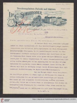 Brief von Carl Schleussner von Dr. C. Schleussner AG (Frankfurt, Main) an Max Wolf