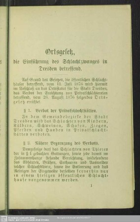 Ortsgesetz, die Einführung des Schlachtzwanges in Dresden betreffend