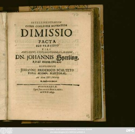 Intelligentiarum Orbes Coelestes Moventium Dimissio Facta