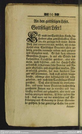 An den gottseligen Leser. Gottseliger Leser!