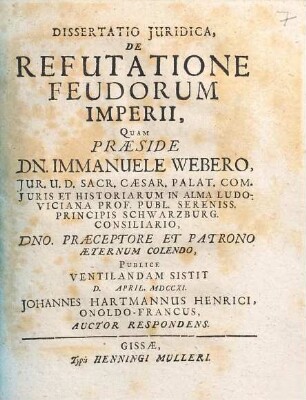 Dissertatio Juridica, De Refutatione Feudorum Imperii