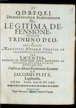 Dissertationem Inauguralem De Legitima Defensione