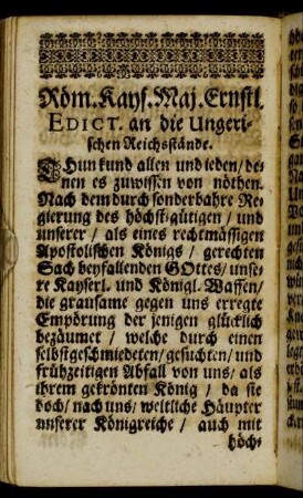 Röm. Kays. Maj. Ernstl. Edict. an die Ungerischen Reichsstände.