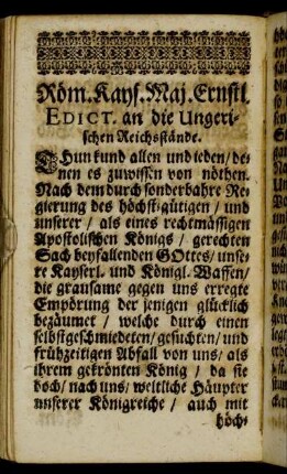 Röm. Kays. Maj. Ernstl. Edict. an die Ungerischen Reichsstände.