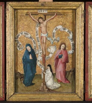 Dreiteiliges Klappaltärchen mit Kreuzigung und Heiligen — Kreuzigung Christi
