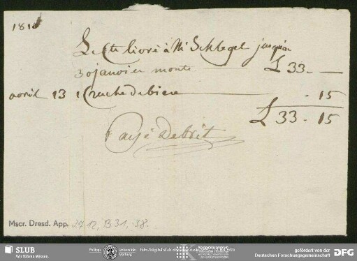 Rechnung von Unbekannt an August Wilhelm von Schlegel, Genf, 13.04.1810