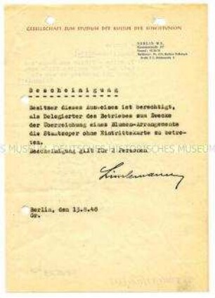 Bescheinigung zum Betreten der Staatsoper zwecks Überreichung eines Blumenstraußes
